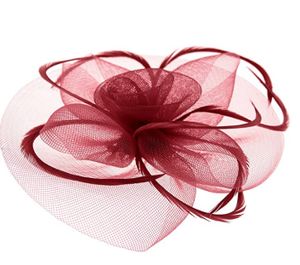 Braut Fascinator Blumen Netz Kopfschmuck Damen Haar Clip Hut Feder Haarschmuck Kopfbedeckung für Party Kirche Hochzeit Cocktail, Weinrot