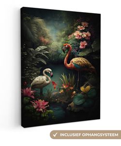 OneMillionCanvasses® - Maľba na plátne - Obraz na plátne Nástenná maľba na plátne - Plameniak - Kvety - Džungľa - Vtáky - Príroda - 90x120cm -