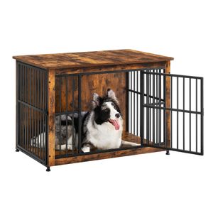 Feandrea Hundekäfig Möbel, Hundebox, moderne Hundehütte indoor für Hunde bis zu 32 kg, hochbelastbar, geschlossener Boden, 2 Türen, vintagebraun