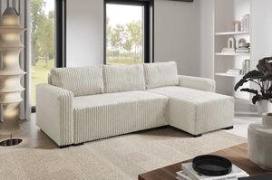 Ecksofa TALLI, Eckcouch in L Form mit Schlaffunktion und Bettkasten, Farbe: Weiß, Ottomane universal, Cordstoff