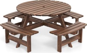 Piknikový stůl COSTWAY pro 8 osob, zahradní stůl s otvorem pro slunečník a 4 lavicemi, zahradní nábytek, zahradní nábytek, kulatá sedací souprava, sedací souprava hnědá