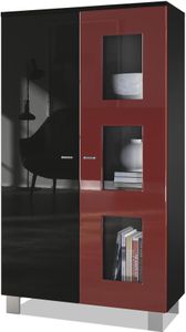 Vladon Vitrine Denjo,  Germany, Standvitrine mit 2 Türen und 3 Glaseinsätzen, Schwarz matt/ Schwarz Hochglanz/ Bordeaux Hochglanz (71 x 129 x 35 cm)