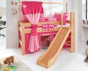 Hochbett LEO Kinderbett mit Rutsche Spielbett Bett Natur geölt Stoffset Pink/Herz, Matratze:ohne