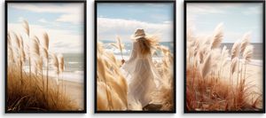 Wandposter fürs Wohnzimmer, Gräser Boho Frau Meer 3x 30x40