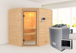 Woodfeeling Sauna Elea (Eckeinstieg), Ganzglastür, bronziert, Ofen 9 kW externe Steuerung easy