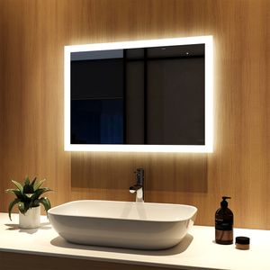 Meykoers LED Badspiegel 50x70cm Badspiegel mit Beleuchtung 2 Lichtfarbe 3000/6500K Lichtspiegel Badezimmerspiegel Wandspiegel mit Tastenschalter und Anti-beschlag IP44 energiesparend
