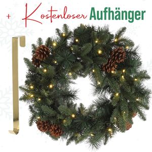 MeisterHome® Künstlicher Weihnachtskranz Adventskranz für Tür, Ø 50 cm - Weihnachtlicher Türkranz für Innen und Außen mit 35 LED-Lichtern, Timer und Kiefernzapfen Dekoration