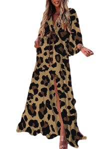 Damen V-Ausschnitt Leopard Maxikleid Boho Holiday Beach High Split Swing Kleid,Farbe: Damen ,Größe:2XL