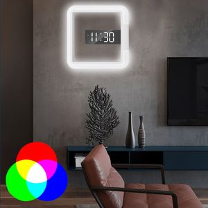 LED Digitale Wanduhr 7 Farbe RGB-Licht Wecker modern mit Temperaturanzeige+Fernbedienung Küchenuhr für Schlafzimmer Wohnzimmer Kinderzimmer Büro