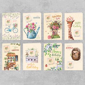 GreenLine Geburtstagskarten mit echten Blumensamen, 8 Stück | 100% baumfreies Zuckerrohrpapier | Klappkarte Blanko inkl. Umschlag | Glückwunschkarten, Blumensamen Geschenk
