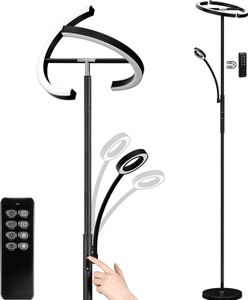 LED stojací lampa, černá, stmívatelná 20W s flexibilní čtecí lampou 7W, moderní stropní stojací lampa s dálkovým ovládáním