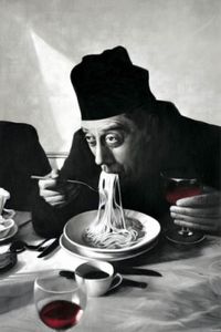 Kochkunst Poster Kunstdruck - Spaghetti, Rotwein, Don Camillo (120 x 80 cm)