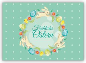4x Lustige Osterkarte mit Hasen Osterkranz auf Punkten: Fröhliche Ostern