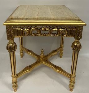 Casa Padrino Barock Beistelltisch Gold / Beige - Quadratischer Antik Stil Massivholz Tisch mit Marmorplatte - Wohnzimmer Möbel im Barockstil - Antik Stil Möbel - Barock Möbel