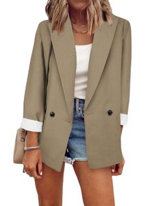 Damen Blazer Jacken Leicht Outdoor Knöpfen Mantel Feste Farbe Arbeiten Langarmshirt Beige,Größe XL