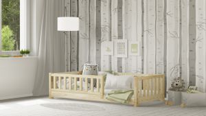 LEA Kinderbett aus Kieferholz mit Zaun-Schutzgitter Holzbett Beinhöhe 3 cm 70x140 Naturholz