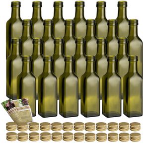 gouveo 24er Set Glasflasche 100 ml Maraska ANTIK mit Schraubverschluss goldfarben - Kleine Flasche 0,1 l zum Befüllen, Dekorieren und Verschenken - Leere Flasche eckig für Likör, Schnaps, Öl, Deko