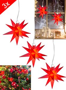 3x LED 3D Leuchtstern zum hängen -  Ø12cm - Weihnachtsstern beleuchtet Fenster Deko Advent Stern - mit Batterie und Timer Rot