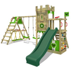 Fatmoose Spielturm Klettergerüst BoldBaron  mit Surfanbau, Doppelschaukel & Rutsche  – grün