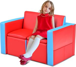 GOPLUS 2 in 1 Kindersofa, Kindertisch mit 2 Stühlen & verstecktem Stauraum, 2-Sitzer Kindercouch mit Armlehnen & Seitentaschen, Kindermöbel mit wasserdichtem PVC-Bezug für Kinderzimmer (Rot)