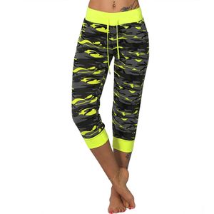 Damen Mittlere Taille Camouflage Yoga Capri Hosen Sport Leggings Hosen Kordelzug,Farbe:Gelb,Größe:L