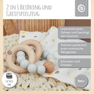 Bieco Beißring Baby mit Silikon Perlen Grau, 7 cm | ab 0 Monate | Zahnungshilfe Baby | Baby Greifling Holz & Silikon | Beissring Für Baby Zum Zahnen | Motorikspielzeug Baby | Beißring Silikon Baby
