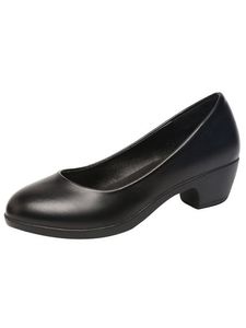 Damen Dicke Ferse Runde Zehe Medium Heel Schuhe Quadratische Wurzel Leder Schuhe  Schwarz,Größe:EU 35