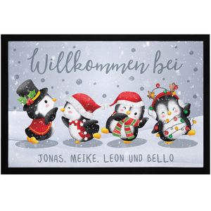 Fußmatte Winter Pinguine mit Namen personalisiert Weihnachten Schnee Familie rutschfest & waschbar SpecialMe® weiß 60x40cm