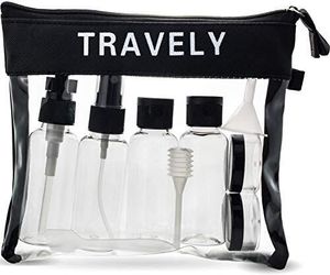 TRAVELY Kulturbeutel transparent 1 Liter - mit Reiseflaschen zum Befüllen - ideal für Handgepäck Flüssigkeiten im Flugzeug, Reiseset Kosmetik