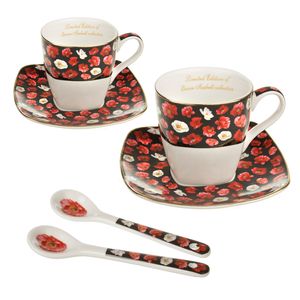 Espresso Porzelann Set für zwei Personen Tassen mit Untertassen und Löffel Mohnblume Geschenkidee Weihnachtsgeschenk