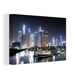 OneMillionCanvasses® - Leinwandbilder - 120x80 cm, Dubai Marina in der Nacht gehüllt, Wandbilder Kunstdruck Wanddekoration - Foto auf Leinwand - Gemälde auf Holzrahmen  - Wanddekorationen - Wohnzimmer
