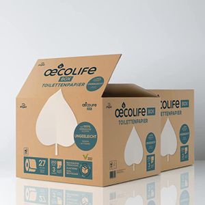 oecolife Toilettenpapier Box UNGEBLEICHT, Großpackung, 3-lagig, 54 Rollen, plastikfrei