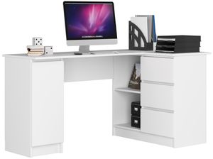 Eck-Schreibtisch B-20 mit 3 Schubladen, 2 Ablagen und einem Regalfach mit Tür links- oder rechtsseitig, B155 x H77 x T85, 60 kg Farbe: Weiß