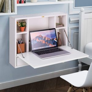 GOPLUS Wandklapptisch mit Regal, Arbeitstisch für PC Computer, Wandschrank Ausklappbar, PC-Schreibtisch, Platzsparend, Laptoptisch