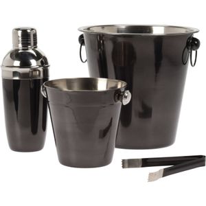 Excellent Houseware Bar-Set | Barkeeper-Set aus Stahl schwarz 4-teilig 2x Eiswürfeleimer Shaker Eiswürfelzange