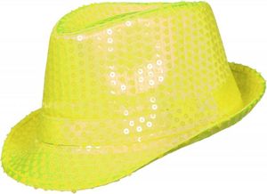 Kostüm Zubehör Fedora Trilby Hut Mütze Pailletten neon gelb Karneval Fasching