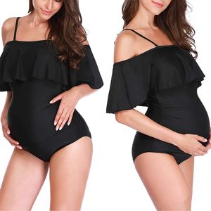 Badeanzüge für Schwangere Badebekleidung Maternity Einteiliger Badeanzug Damen Rüschen Schulterfrei Bikini