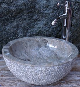 Massives Rundes Marmor Aufsatz-Waschbecken, Waschschale, Naturstein Handwaschbecken - Ø 35 cm Modell 16, Grau, Waschtische & Waschbecken