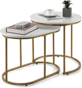 COSTWAY 2er Set Couchtisch mit Marmoroptik, Beistelltisch Holz mit Metallbeinen, Kaffeetische Satz modern, rund, kompakt, für Wohnzimmer und Schlafzimmer, weiß