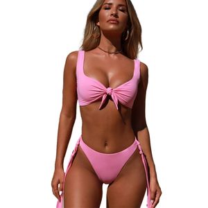 Damen y Bikini-Badeanzug Plaid Print Tie Knot Front Tanga Bottom Bademode Set,Pink,S