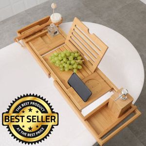 Decopatent Badregal - Ausziehbar 75 bis 110 cm - Mit Buchhalter / Tablet-Halter - Bambusholz-Badbrett - Luxury Bath Board