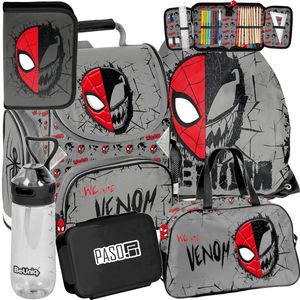 Paso Spiderman-Venom - 6-teiliges Mega Set - Rucksack, Federmäppchen, Tasche, Trinkflasche, Frühstückstasche, Schulranzen
