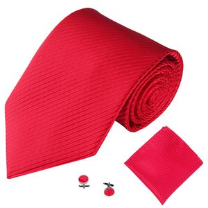 Einfarbig gestreift Jacquard Business Herren Krawatte Taschentuch Manschettenknöpfe Set-Rot