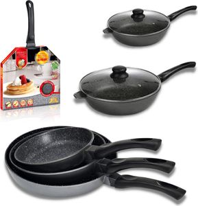 Kochset - Sauteusen, Pfannen und Pfannkuchenpfanne + 2 Deckel - Antihaftbeschichtete Steinbeschichtung - Ideal für alle Herdarten