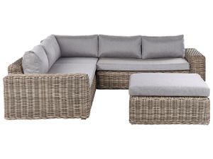 BELIANI Gartenlounge Set Hellbraun aus Polyrattan mit Auflagen Grau Modular 6-Sitzer für 6 Personen mit Hocker Geflochtenes Design Modern Terrasse