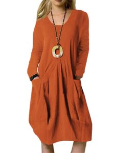 Jerseykleider Damen Einfach Dresses Herbst Baggy Midi Kleider Lässige Long Sleeve,Farbe:Orange,Größe:L