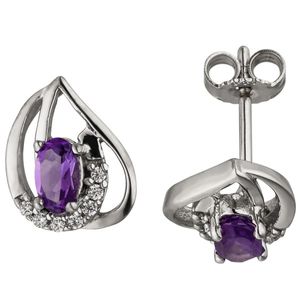 Goldohrringe Edelstein Amethyst Ohrstecker 10 mm, 333er Weißgold, Zirkonia+lila Ametyst, 2 Gramm