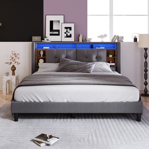 Flieks Čalouněná postel 160x200 cm Manželská postel s USB a LED, postel z masivního dřeva s lamelovým roštem, úložné čelo s úložným prostorem