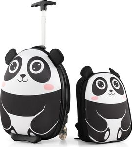COSTWAY 2 TLG Kinderkoffer mit Rucksack, 12”+16” Kindertrolley Reisegepäck mit Rollen & 3 stufigem Teleskopgriff, Handgepäck Hartschalenkoffer für Mädchen & Jungen (Panda)