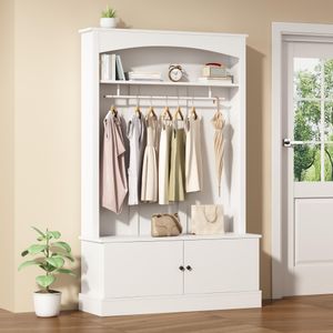 Merax Garderobenschrank mit Sitzbank 120x40x190 cm – 5-in-1 Flurgarderobe mit Schuhregal, Kleiderstange & Ablage, Kippschutz, Spanplatte, moder weiß